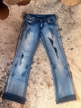 Cowgirl Tuff Distressed Light Blue Boyfriend Jeans